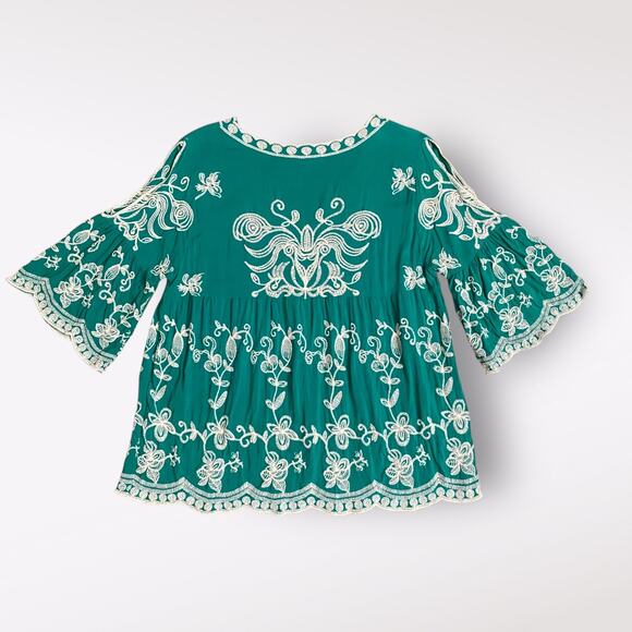 Solitaire Boho Emerald Green Embroidered Floral Cold Shoulder Top Size M Boho‎ - Picture 3 of 9